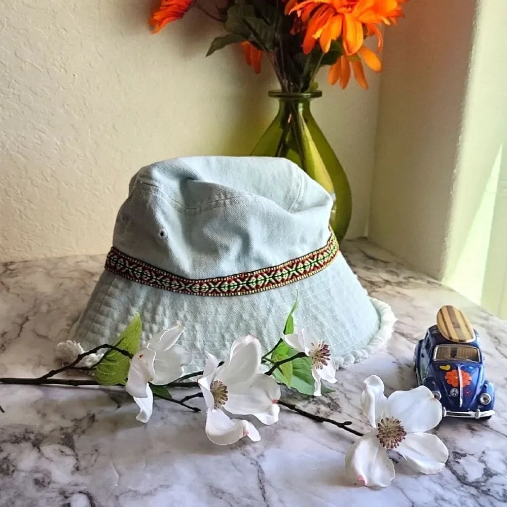 Light Blue Denim Bucket Hat Patterned Band Summer Fashion Hat